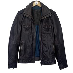 SUPERDRY Ryan Leather Motorcycle Jacket Mens S Dull Army Brown Cafe Racer Biker